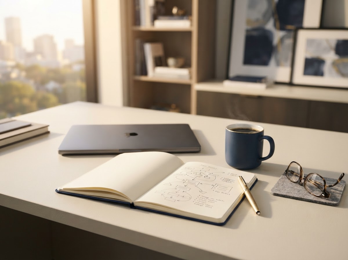Modern founder's workspace at the start of a working day with a notebook of sketched strategy — entrepreneurial transition