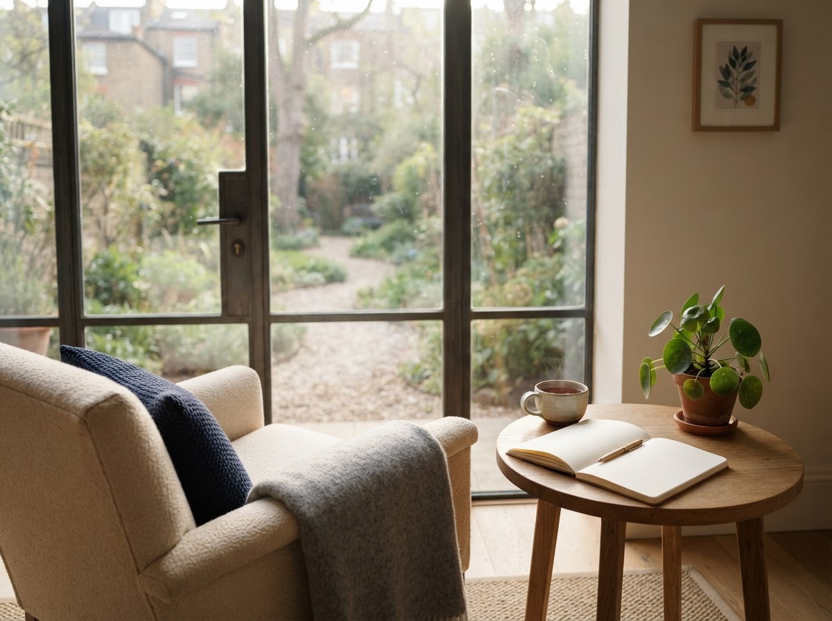 Quiet reading nook by a tall window in soft morning light with a journal and tea — career clarity and self-discovery