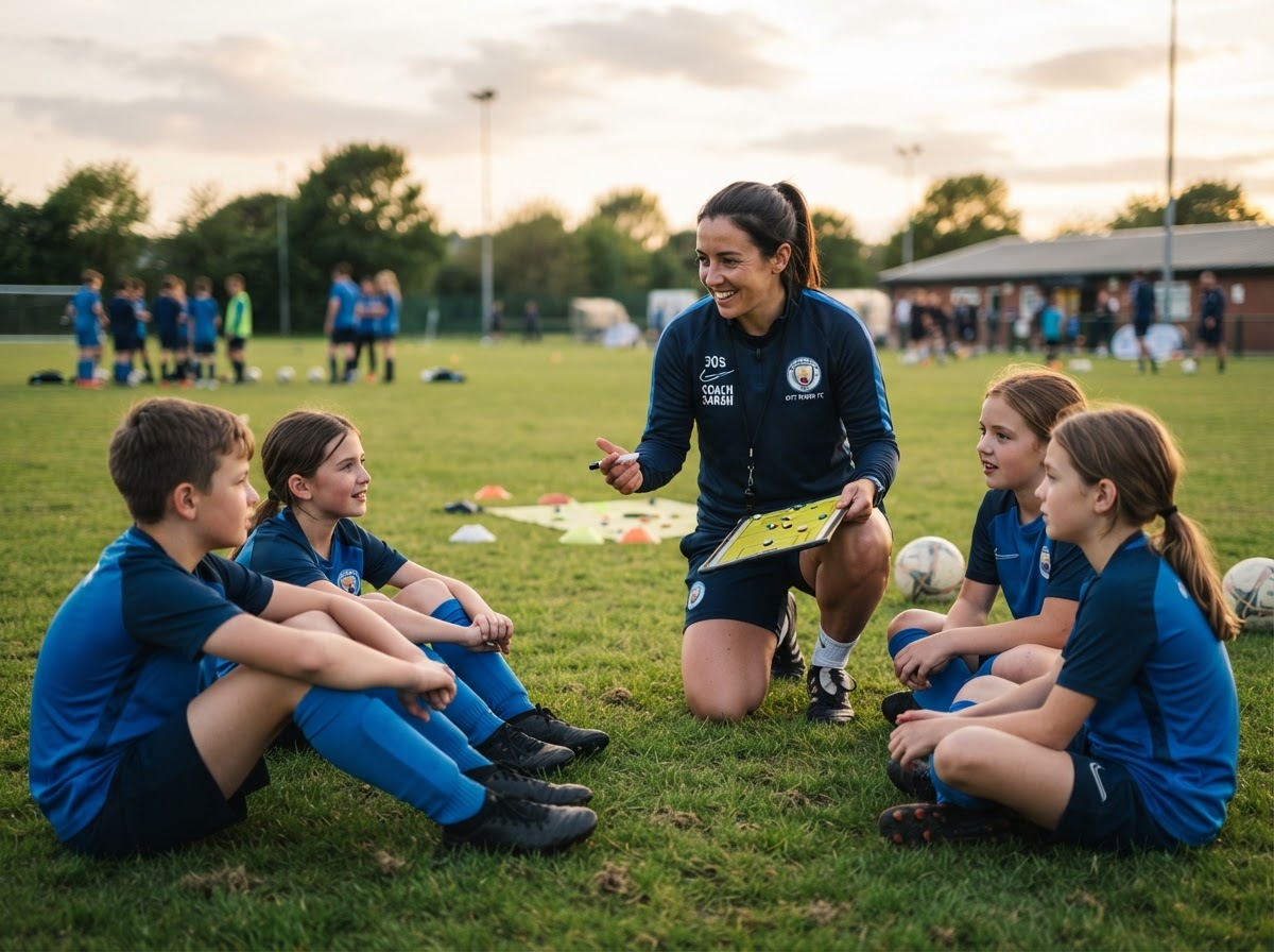 A coach encouraging young footballers during a training session
