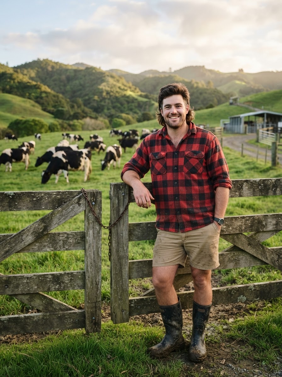 A smiling New Zealand dairy farmer in his late thirties, full thick hair in a modern mullet, leaning on a farm gate with dairy cows grazing behind him