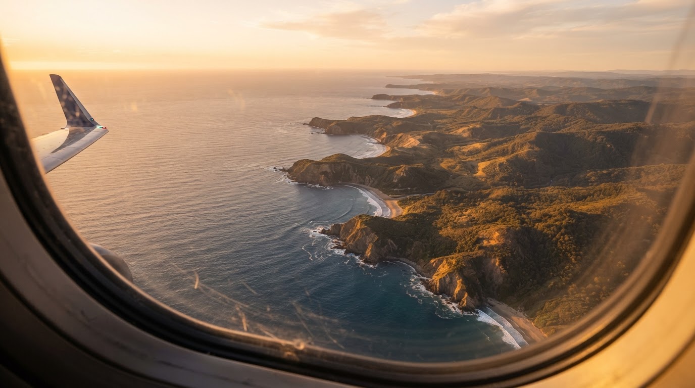 Aerial view from an aeroplane window over a coastline at golden hour