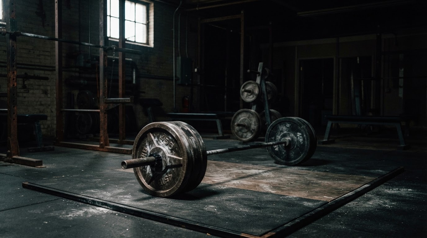 Strength training with a personal trainer in Caversham, Reading — loaded barbell and coached lifting inside a dark Berkshire gym.