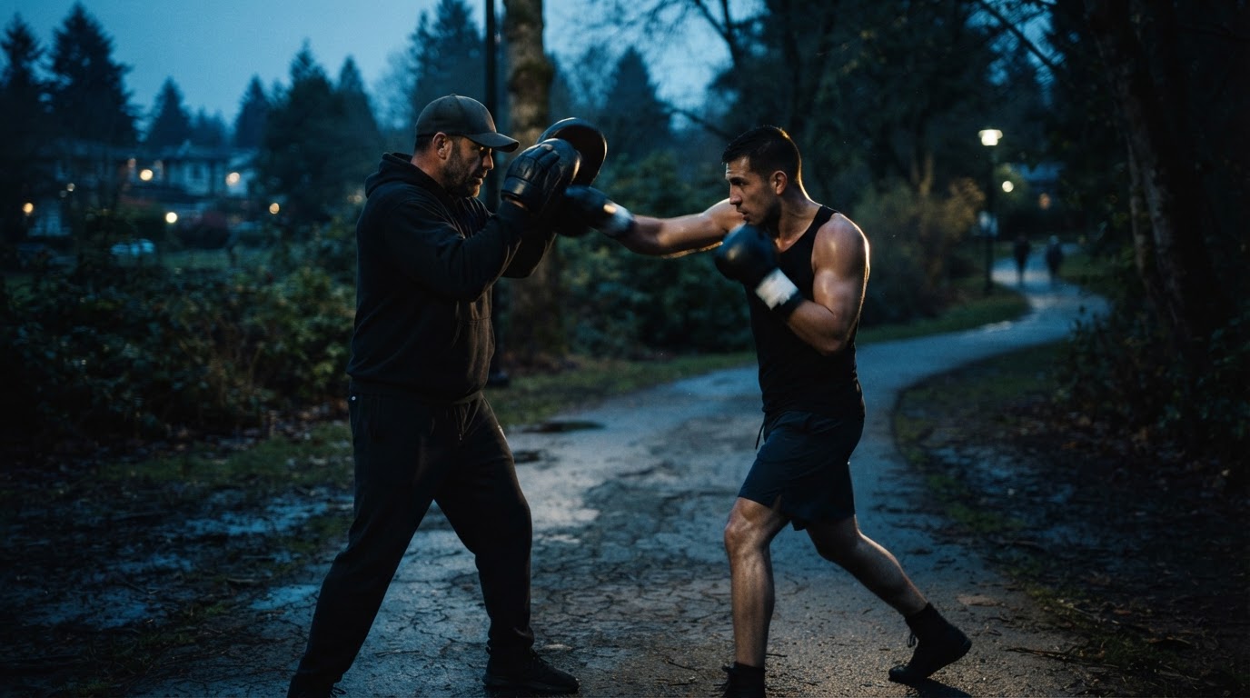 Boxing pad work coaching outdoors near Caversham, Reading — mobile boxing coaching and outdoor personal training across the Thames Valley towns of Berkshire.