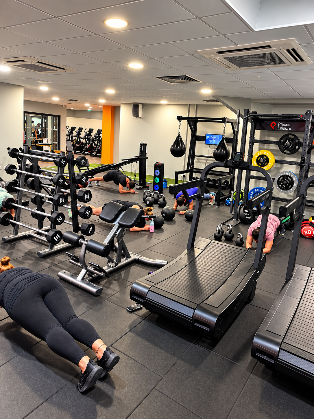 Small group training session with clients doing core planks together at Loddon Valley Leisure Centre gym in Reading