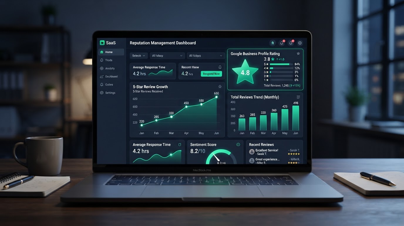 ReputationPulse AI dashboard showing review growth from 3.8 to 4.8 stars