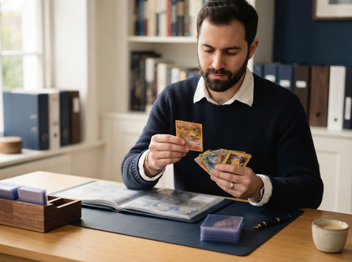 Een verzamelaar die zijn Pokémon-kaarten zorgvuldig bekijkt