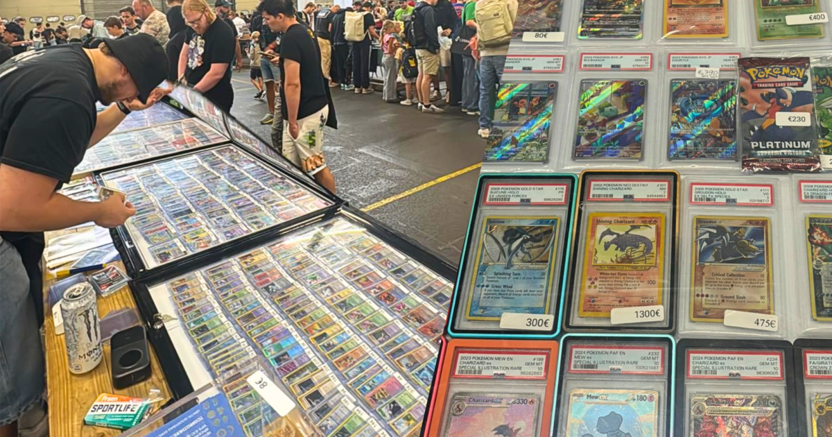 Sfeerbeeld van een Pokémon-beurs met vitrines vol graded slabs en binders