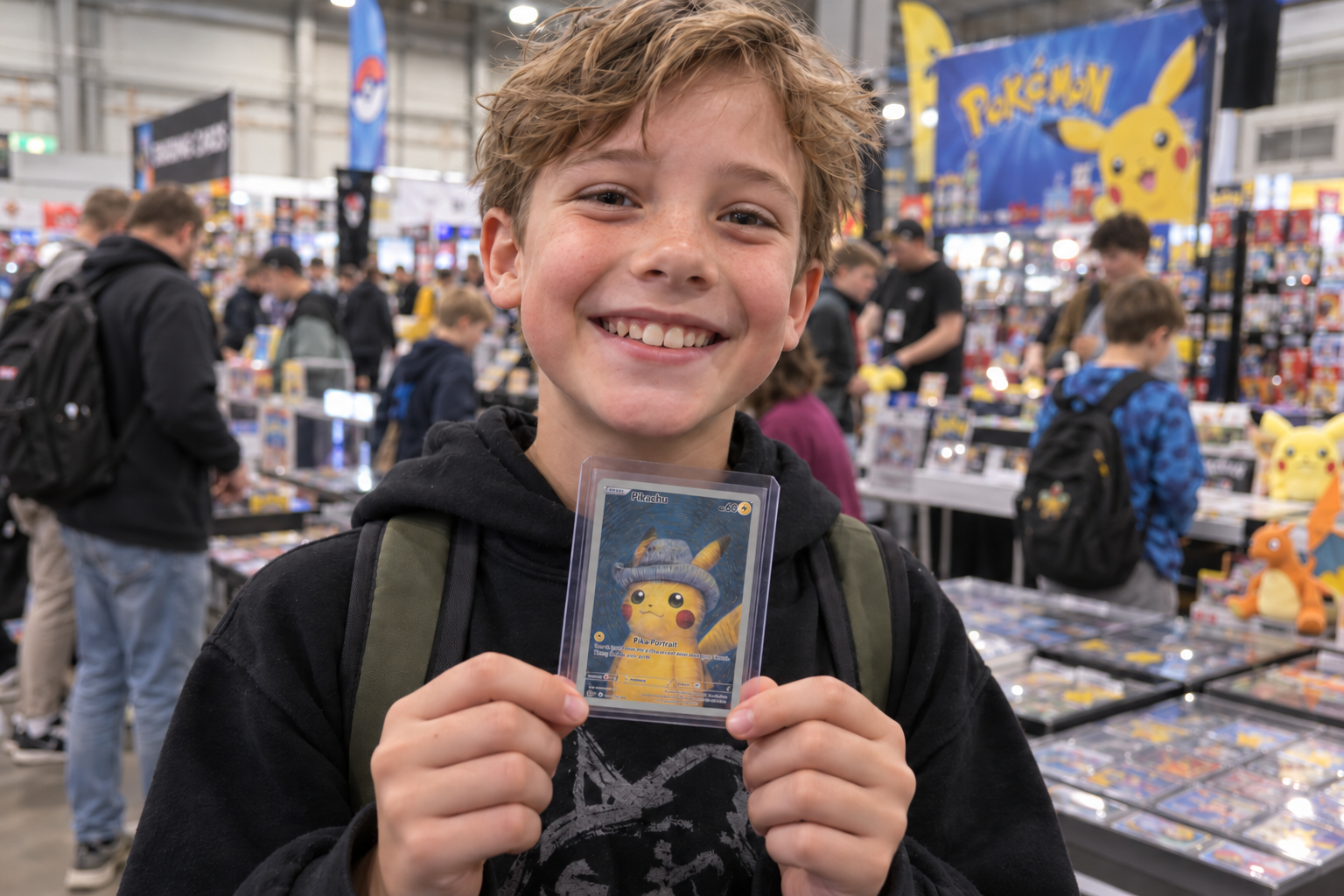 Jonge verzamelaar die trots zijn Pikachu Van Gogh kaart toont op een beurs