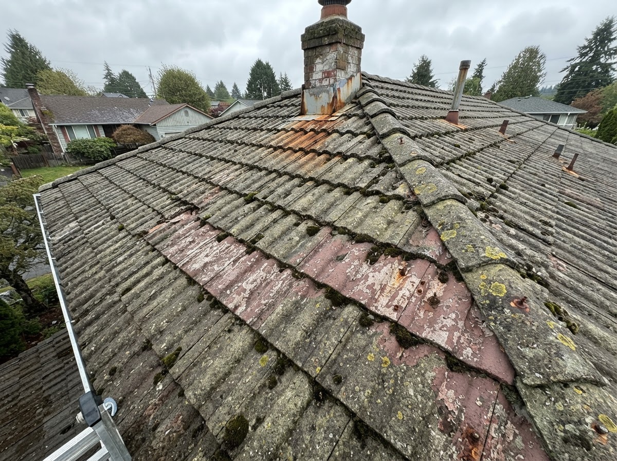 Concrete tile roof before restoration — faded, mossy and weathered