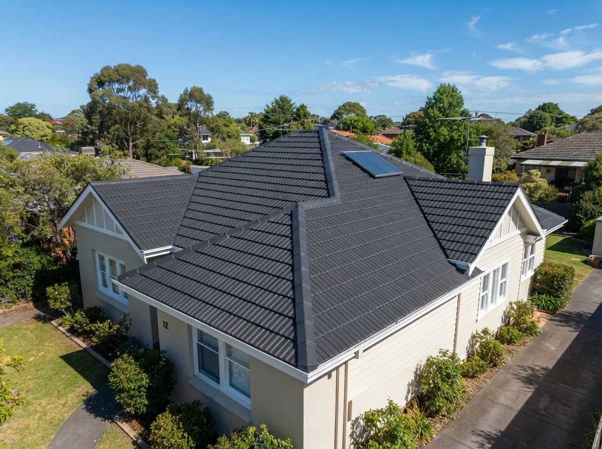 The same concrete tile roof after restoration, freshly repainted and renewed