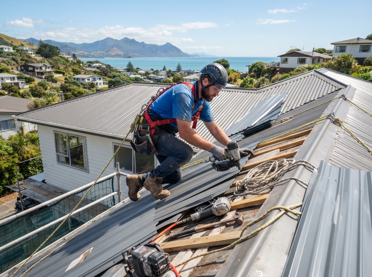 Commercial Painting Solutions team working on a New Zealand roof