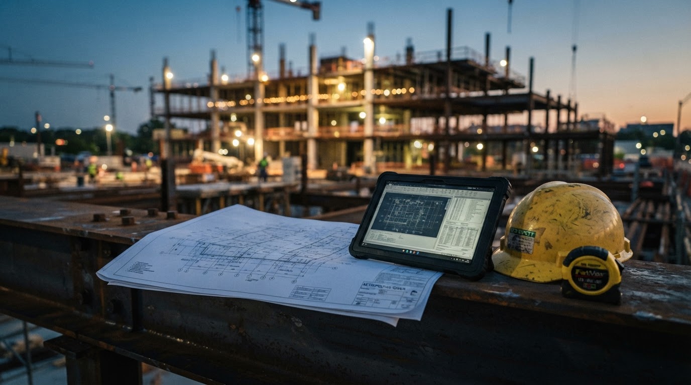 Subcontractor blueprints, tablet, and engineering equipment on steel structure
