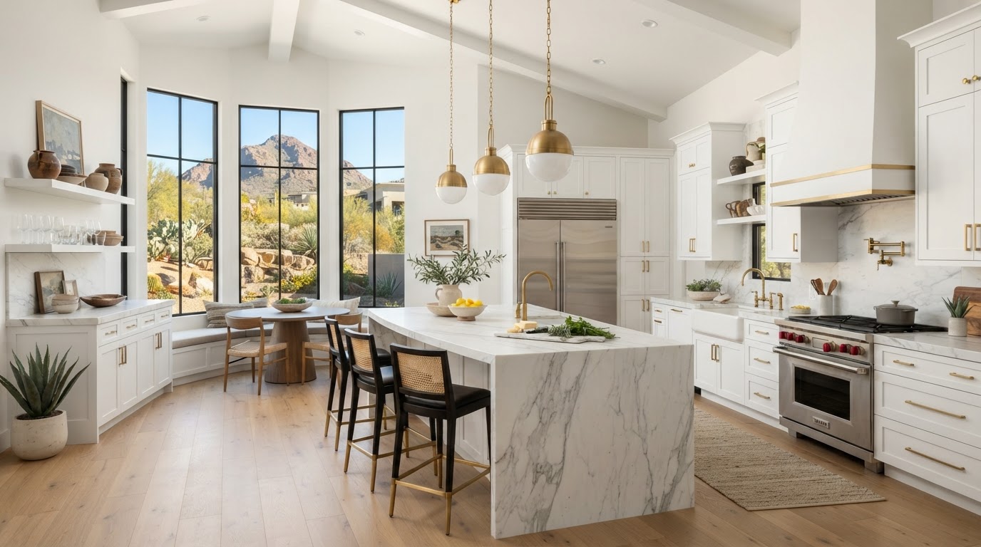 Best remodeling contractor in Biltmore AZ — luxury kitchen remodel with white shaker cabinetry, marble waterfall island, and brushed brass fixtures by Phoenix Home Remodeling