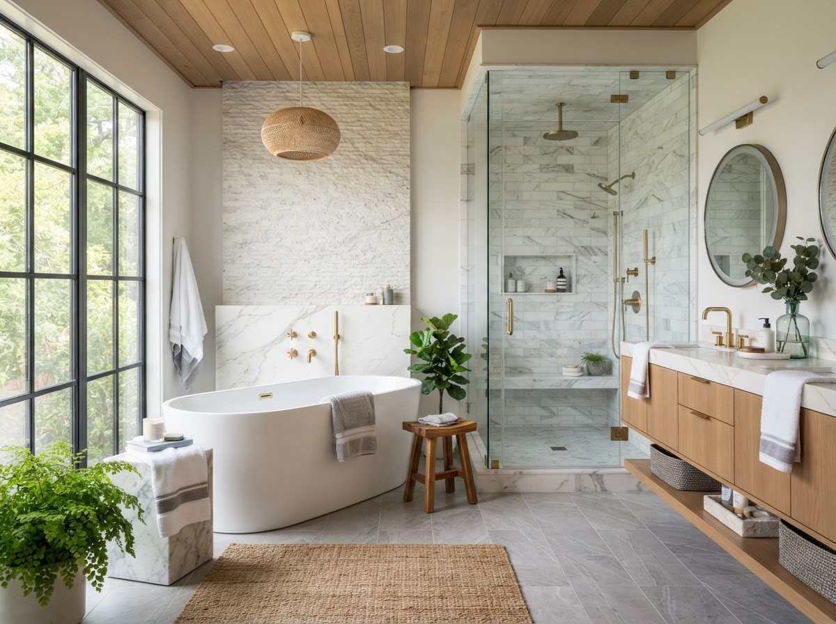 Biltmore bathroom remodel by the best remodeling contractor in Biltmore AZ — freestanding soaking tub, marble walk-in shower, and dual quartz vanity