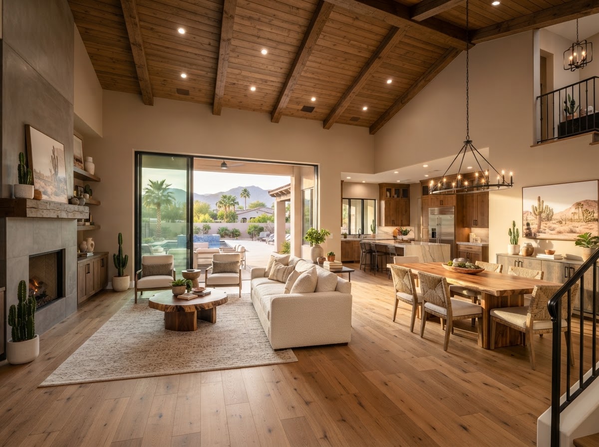 Whole-home renovation by the best remodeling contractor in Biltmore AZ — open-concept living and dining with vaulted ceilings and wide-plank flooring