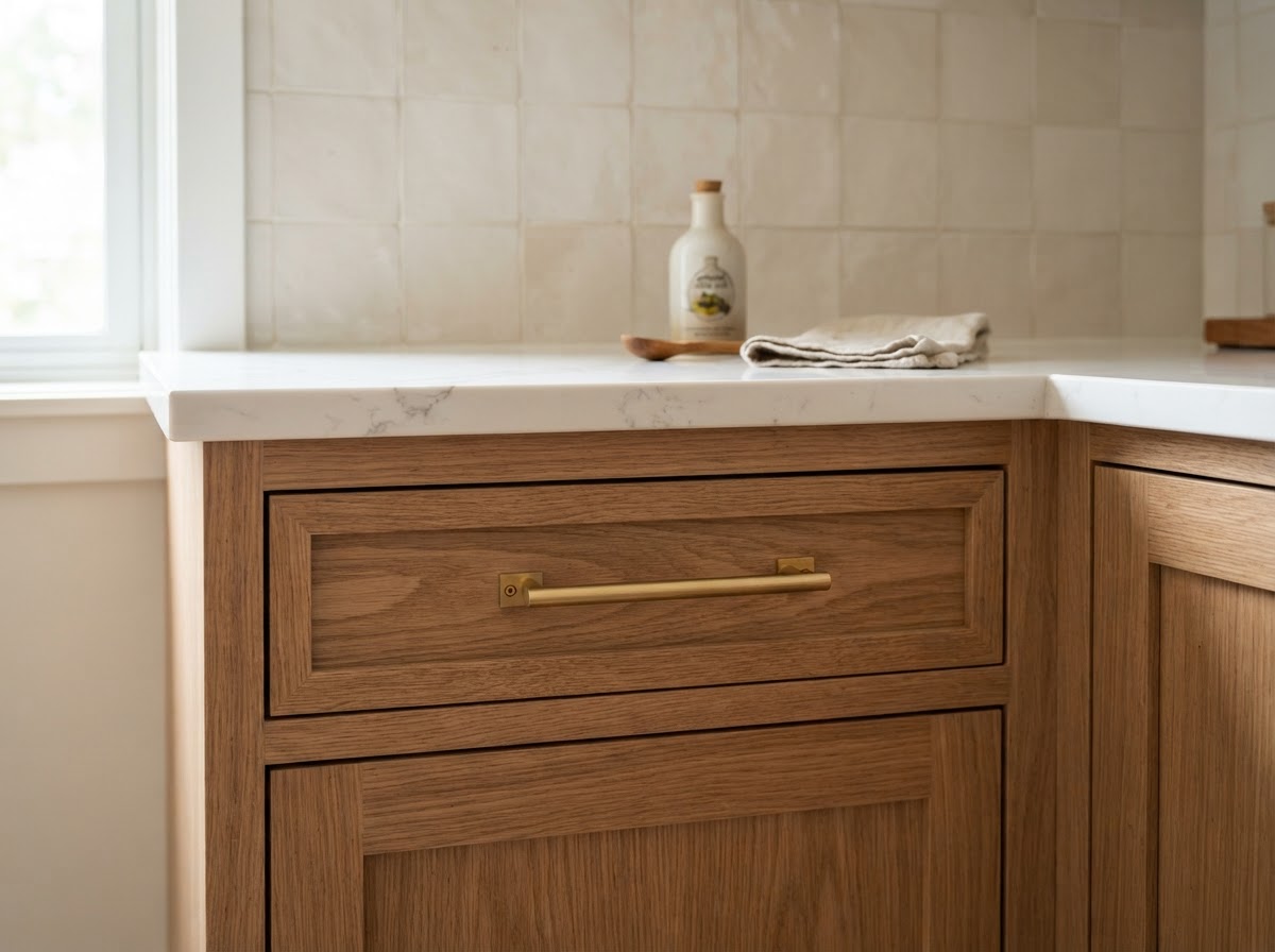 Custom cabinetry craftsmanship and quartz countertop installation by the best remodeling contractor in Biltmore AZ — precise tile backsplash and brushed brass hardware