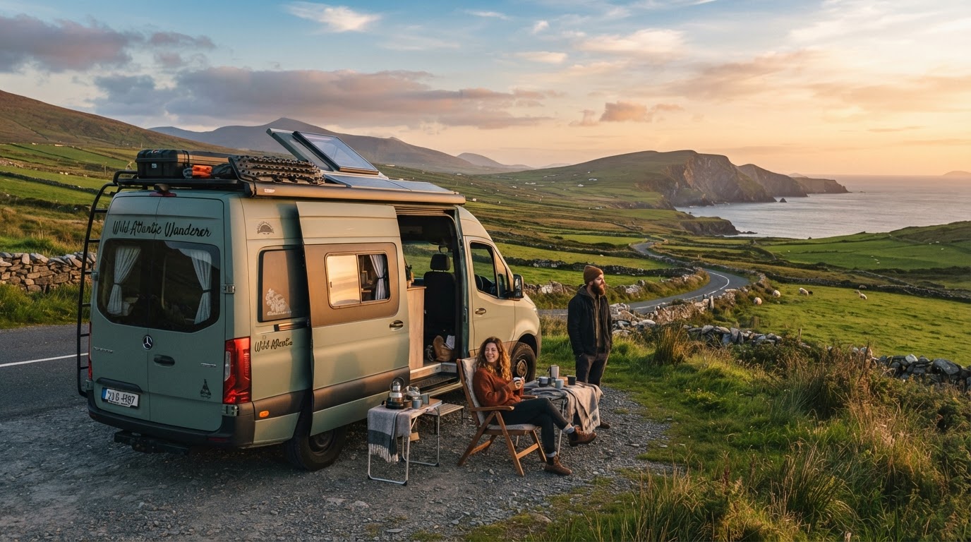Converted camper van parked at a scenic Irish countryside overlook at golden hour