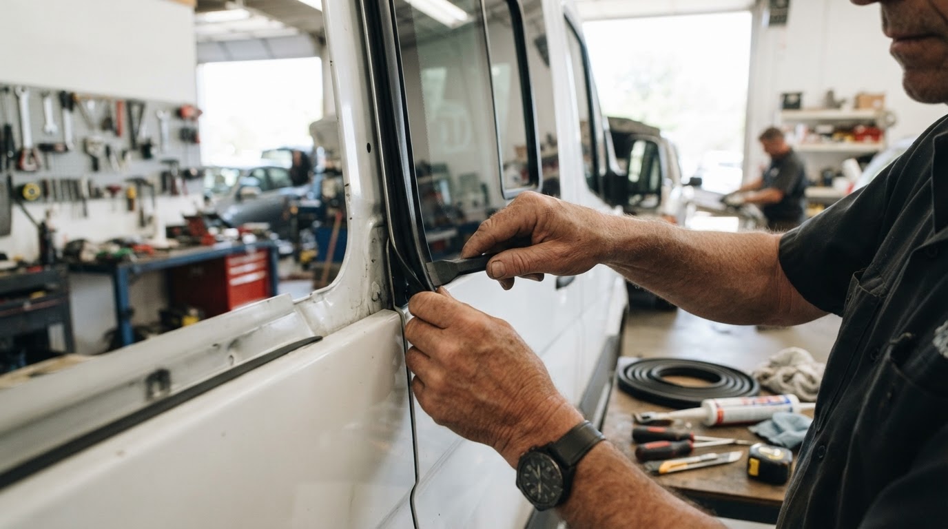 Hands fitting a window seal in a bright workshop during a camper conversion
