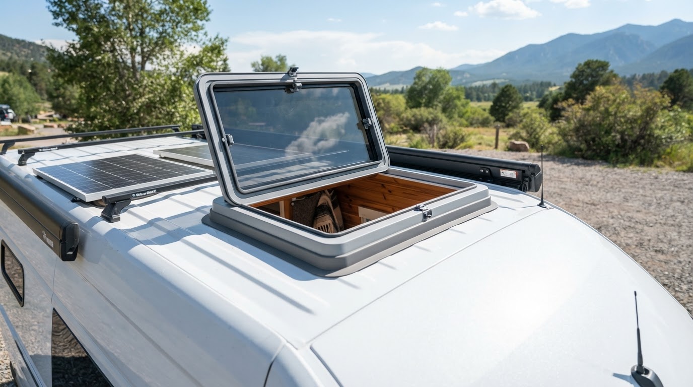 Roof skylight installed on a camper van with daylight pouring through