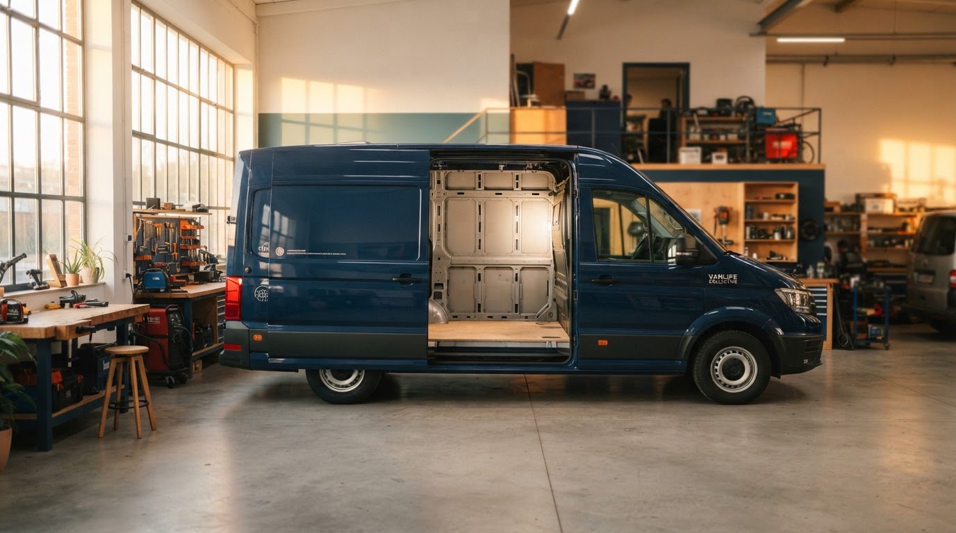 A modern panel van parked inside a bright workshop, ready for a camper conversion