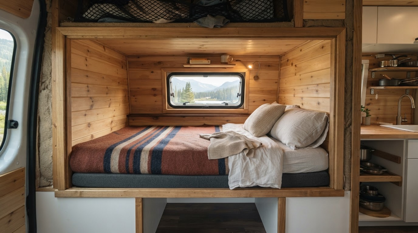 Cosy side sleeper pod bunk with a window inside a camper conversion