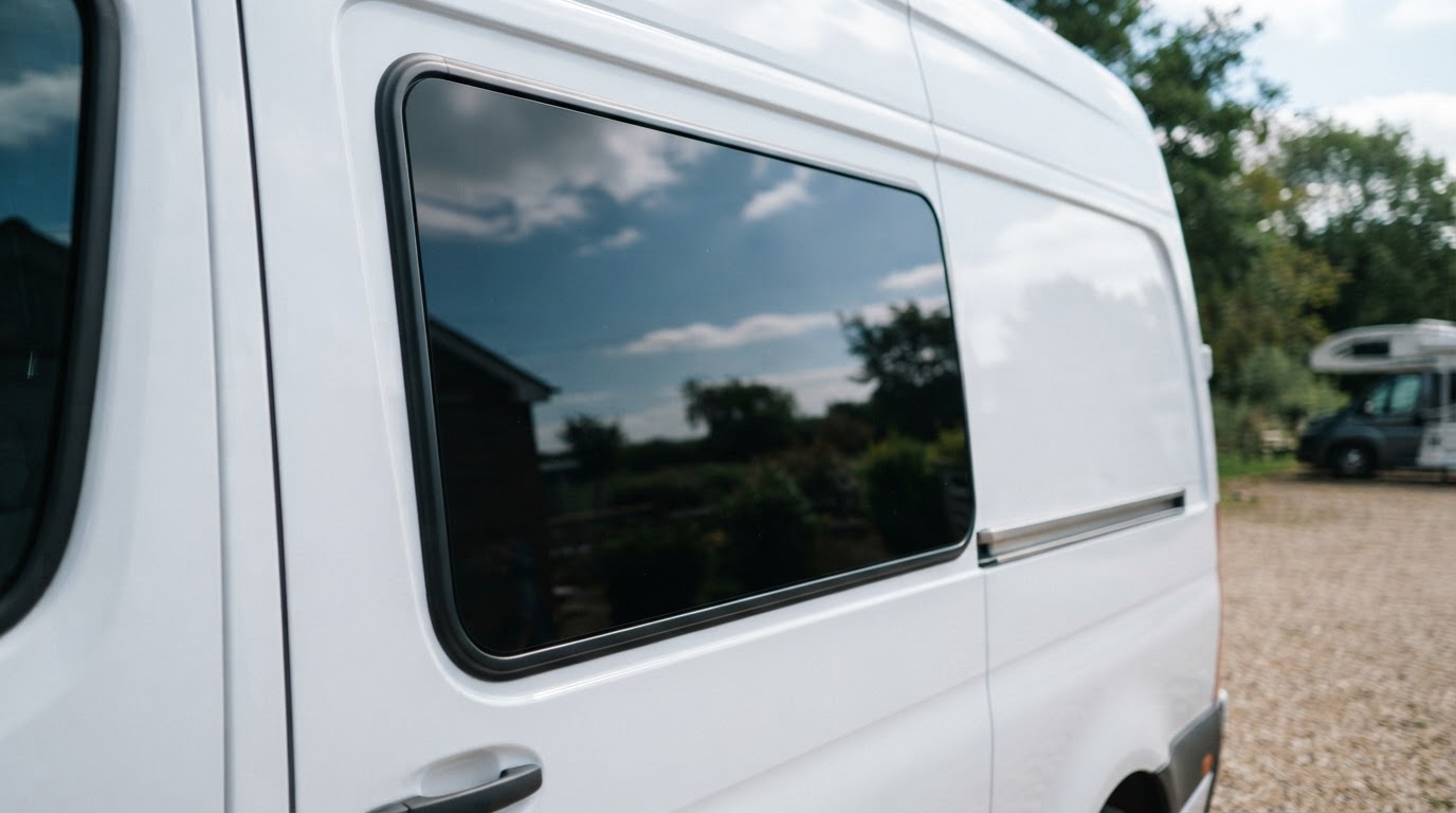 Tinted side window fitted cleanly into the side panel of a white van