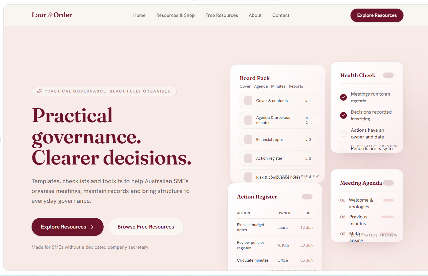 Laur & Order website preview showing practical governance templates and toolkits in burgundy, blush and cream