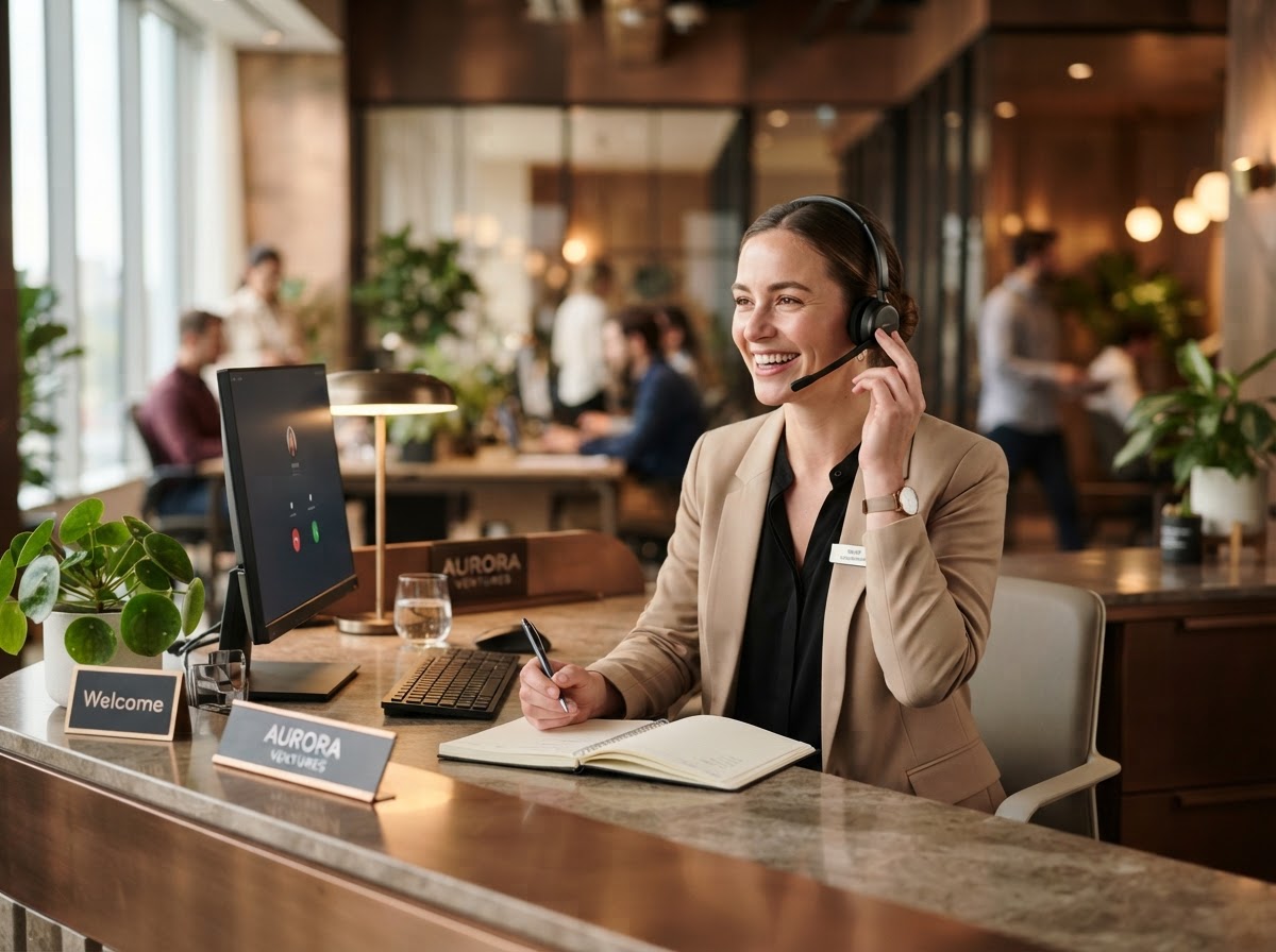 Friendly AI receptionist wearing a headset answering calls 24/7