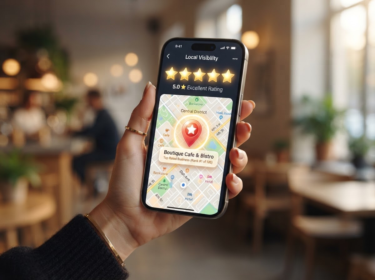 Five-star reviews and local map ranking on a smartphone