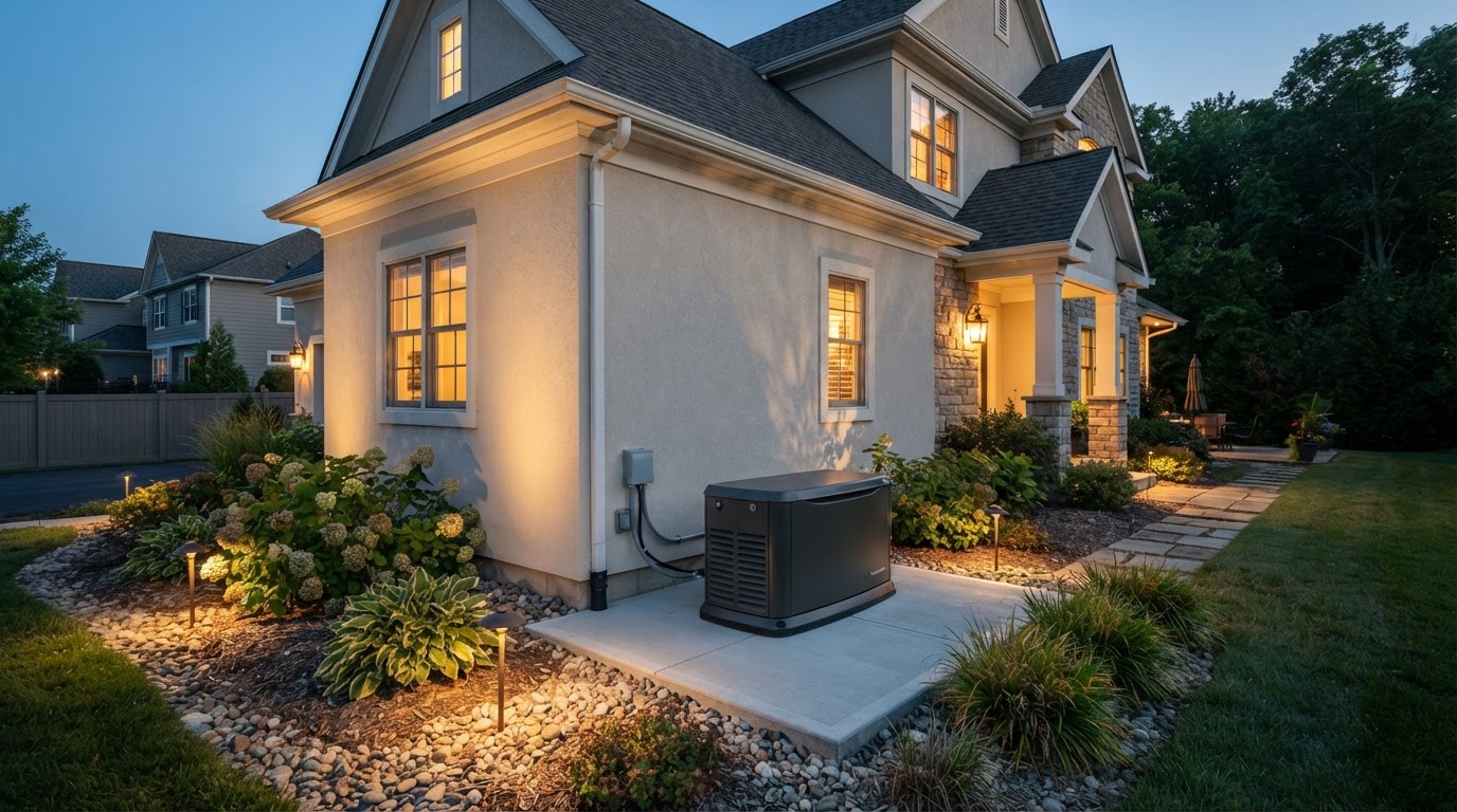 Residential standby generator installed beside a home at dusk