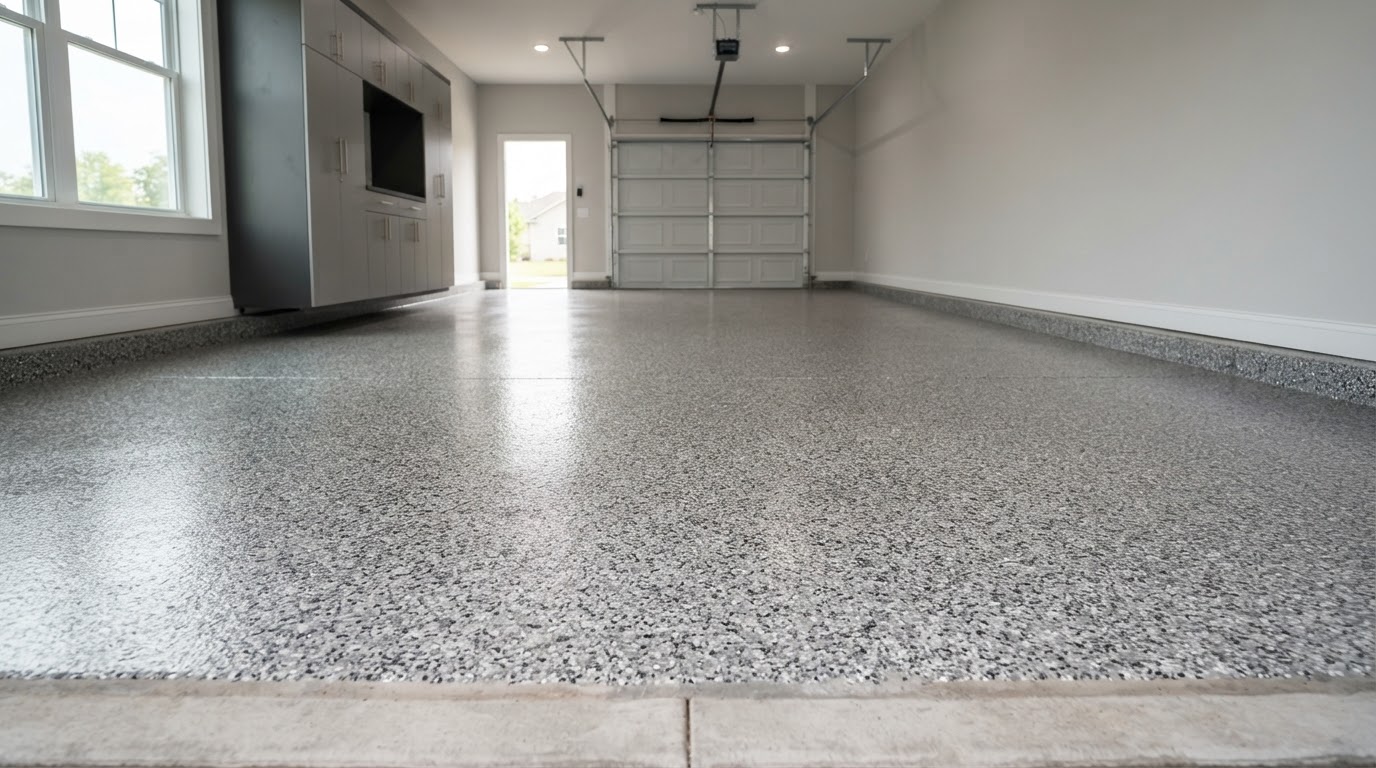 Clean coated garage floor with a decorative flake finish