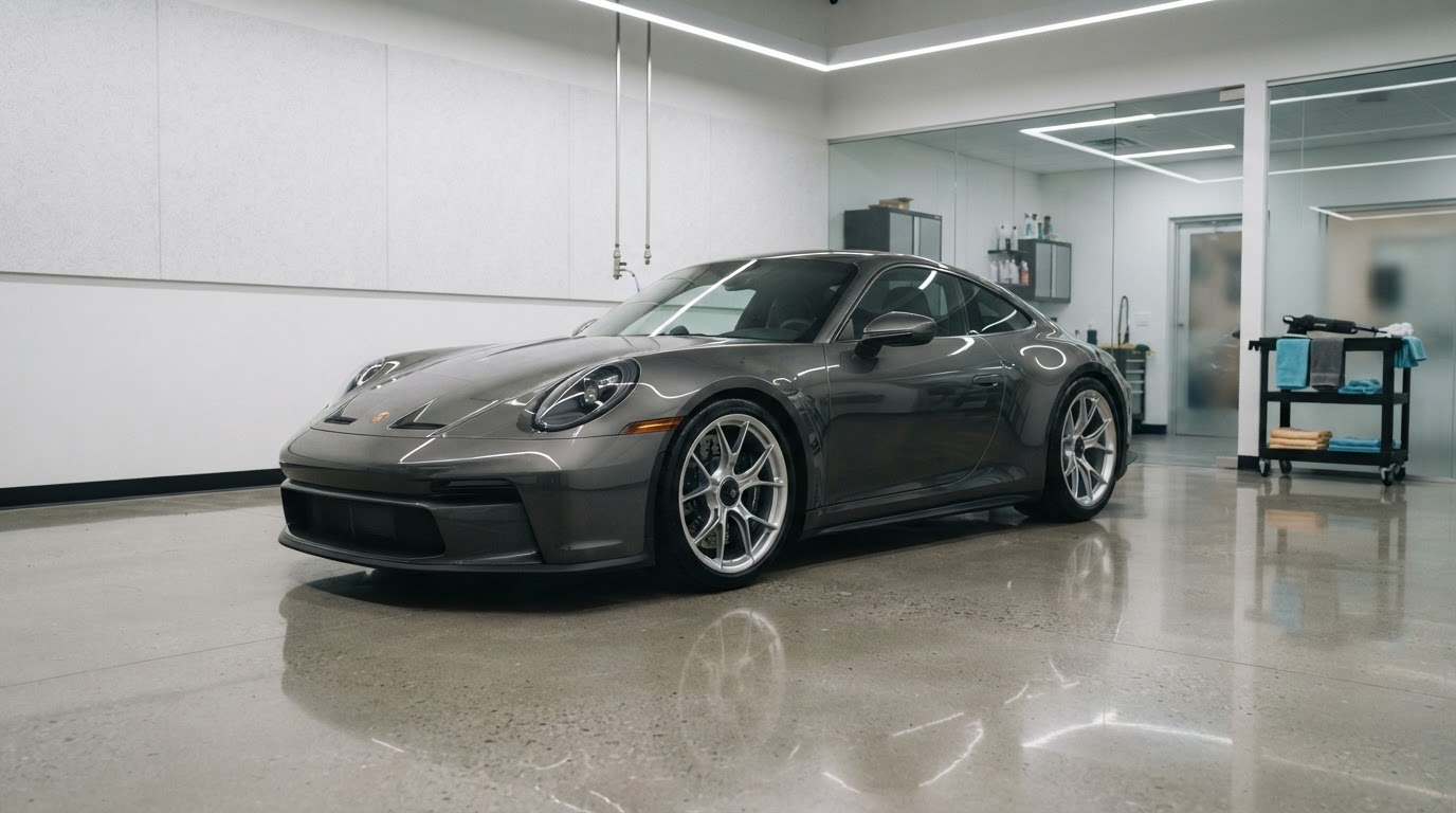 Premium vehicle inside a clean paint protection film and ceramic coating studio