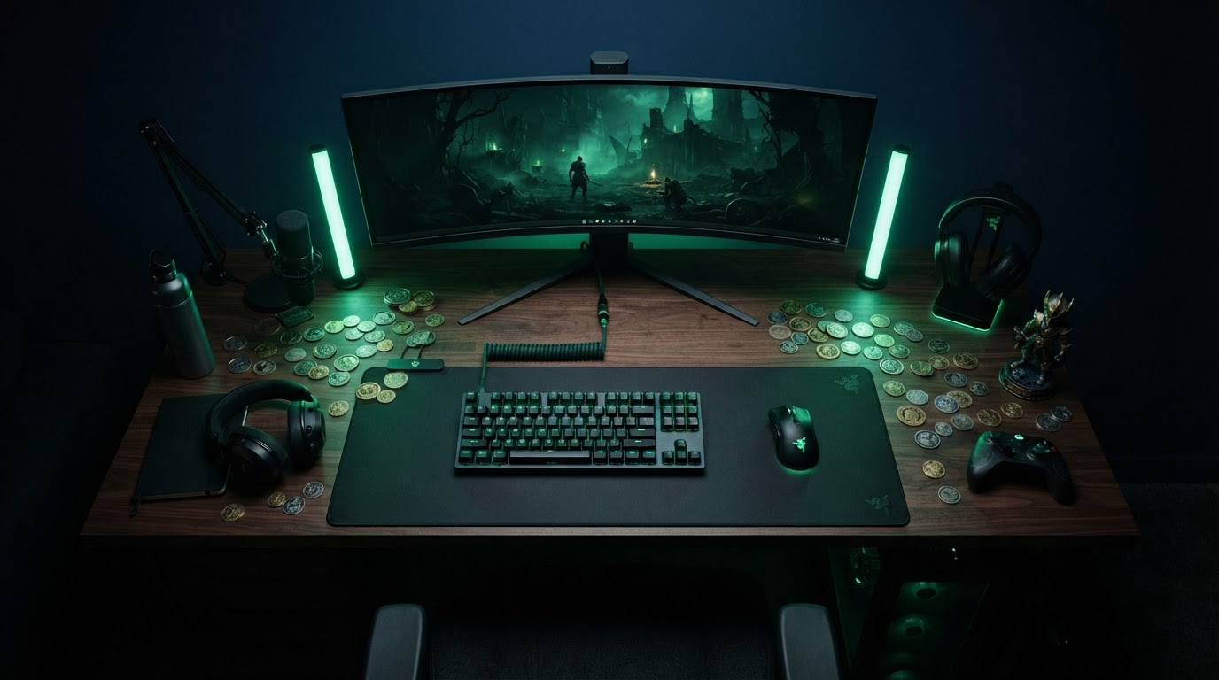 A premium gaming brand workspace with glowing emerald monitor light and scattered gold coins on a dark desk β illustrative