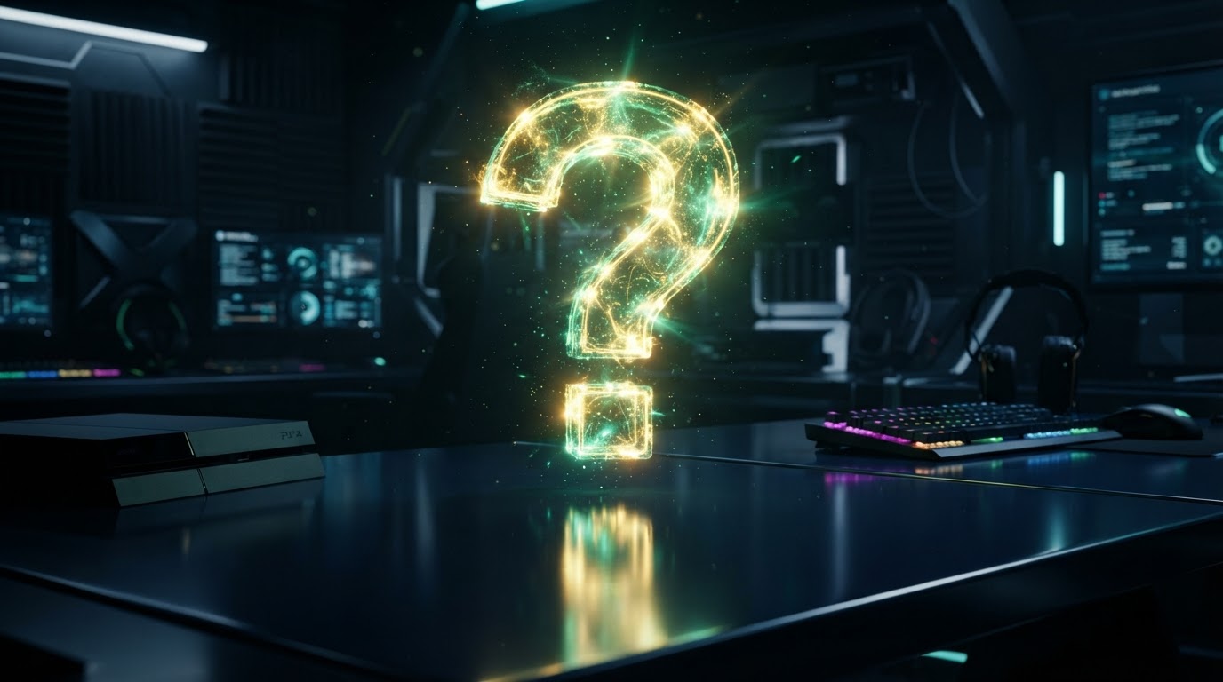 A large luminous question mark made of light over a dark navy reflective surface — illustrative