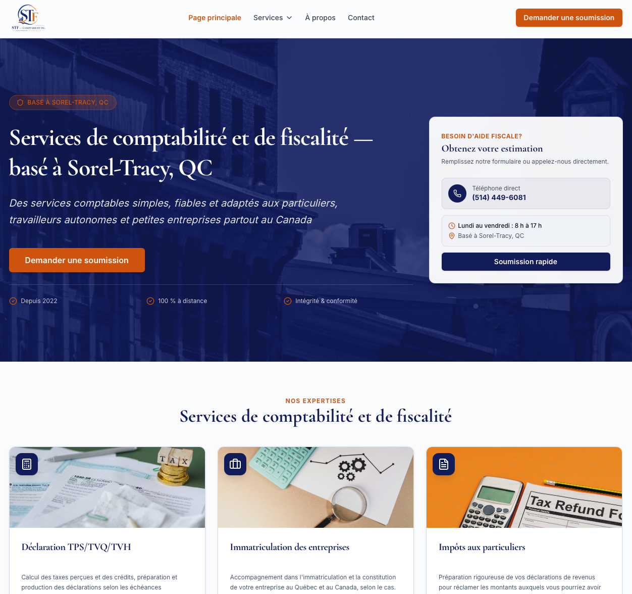 STF Comptabilité inc. — Page d'accueil avec estimation rapide