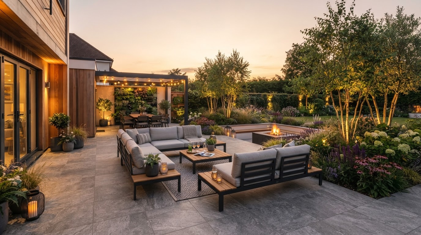 Beautifully designed outdoor living space at golden hour