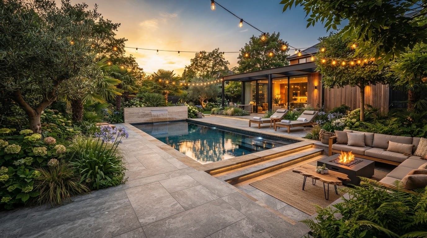 Luxury landscaped garden at golden hour
