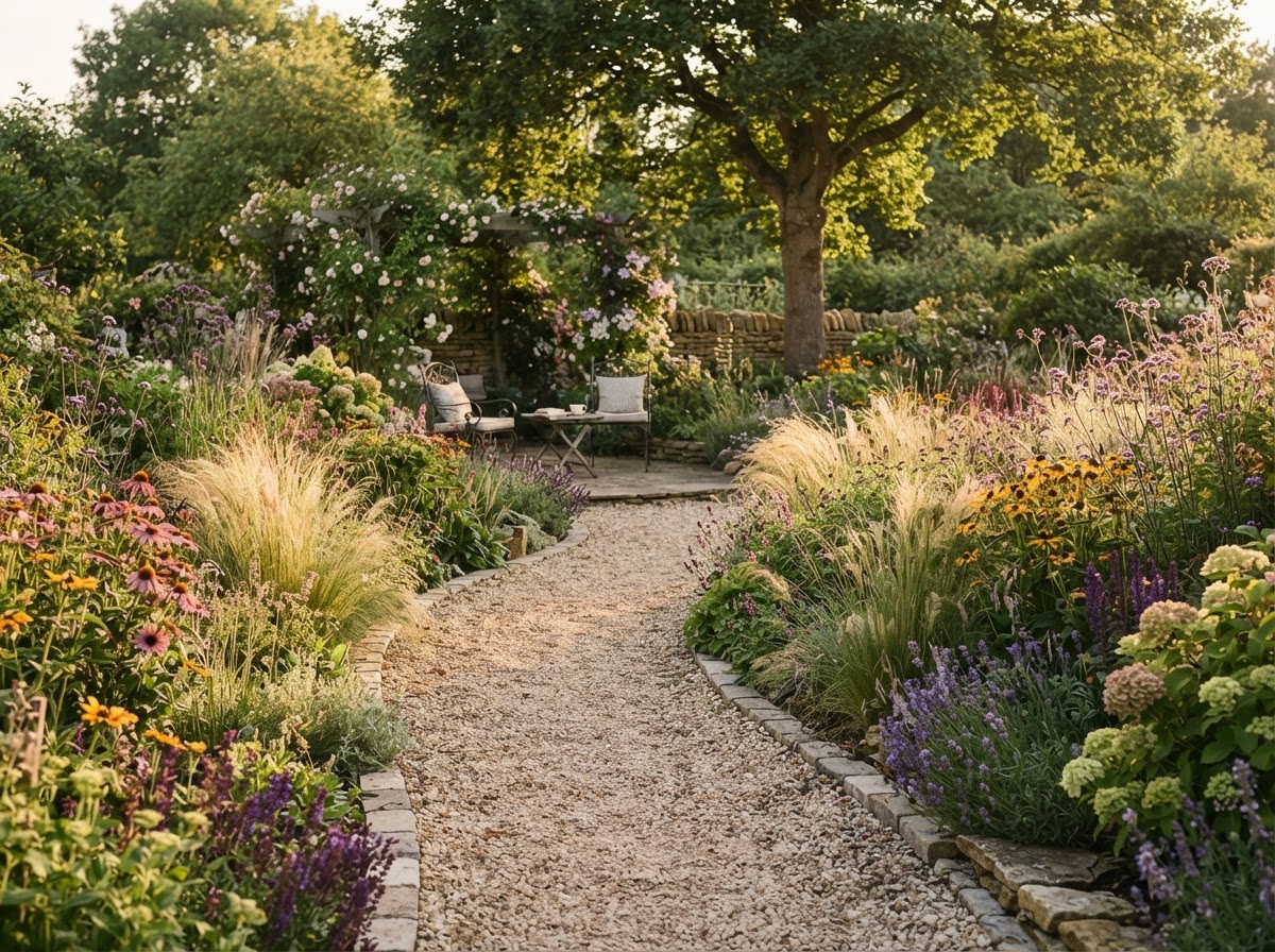 Garden path through planting
