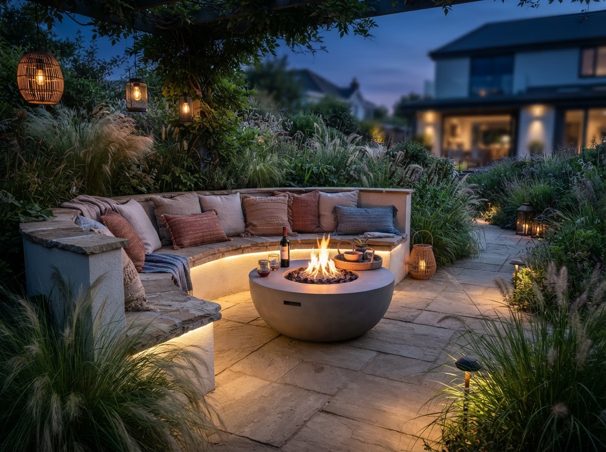 Garden seating area with fire table