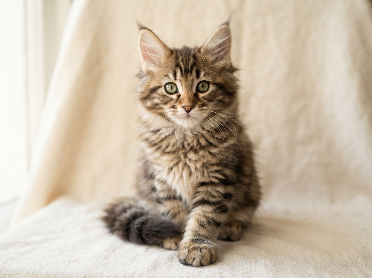 Maine Coon kitten with tufted ears, semi-long fur, and green eyes in warm light