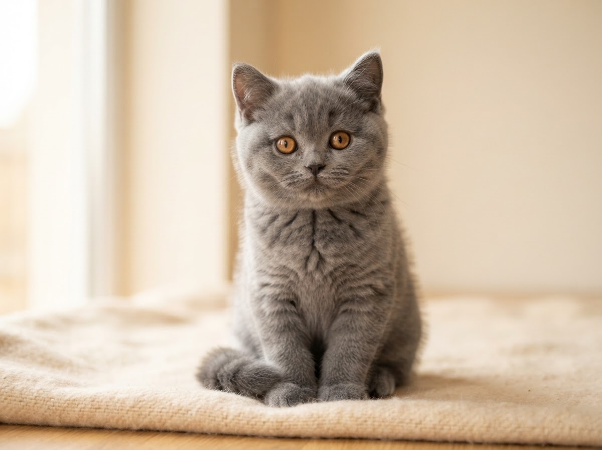 Plush blue British Shorthair kitten with copper eyes in warm natural light