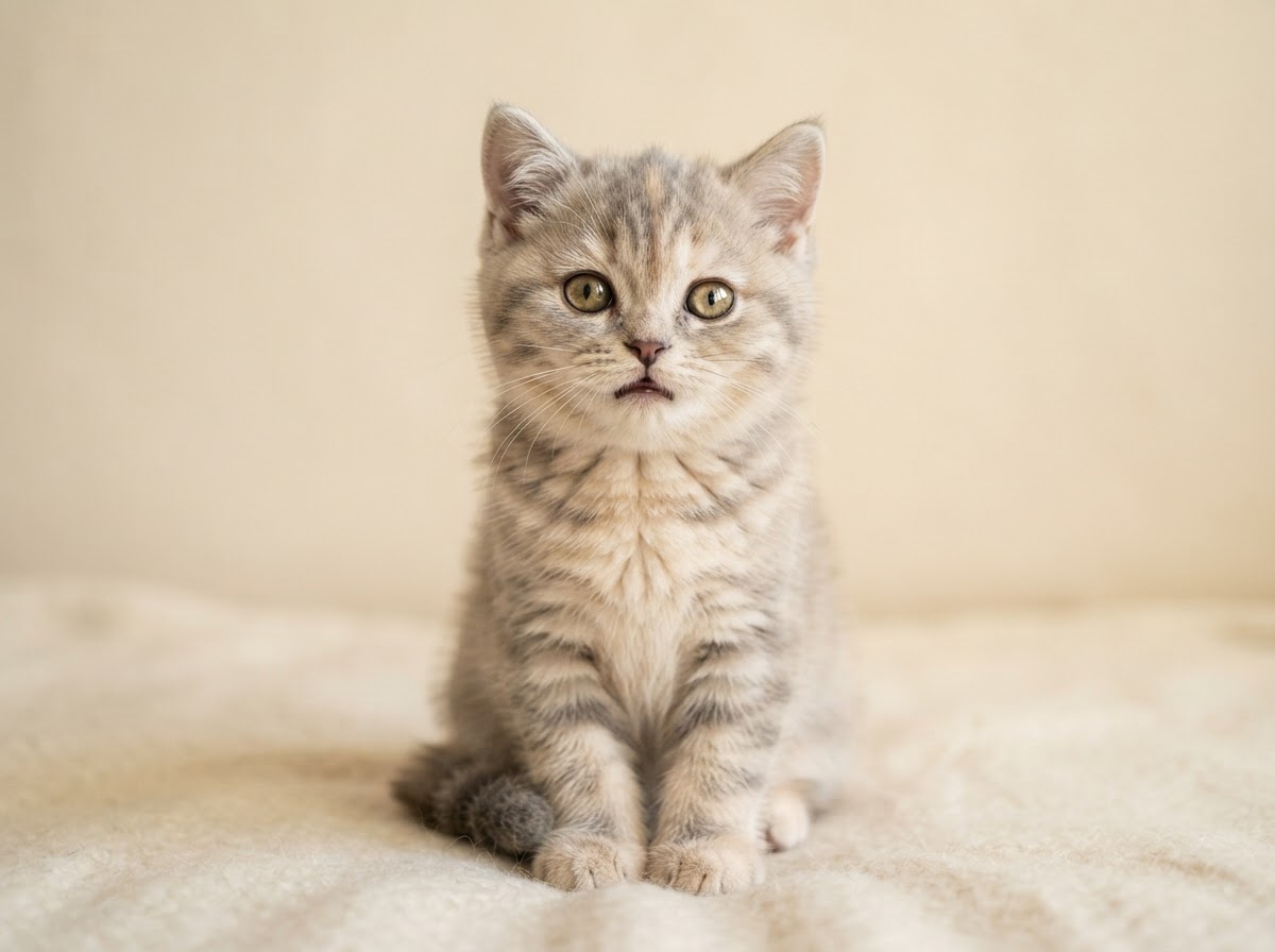 Scottish Straight kitten with upright ears, round face, and soft cream and gray coat in warm light