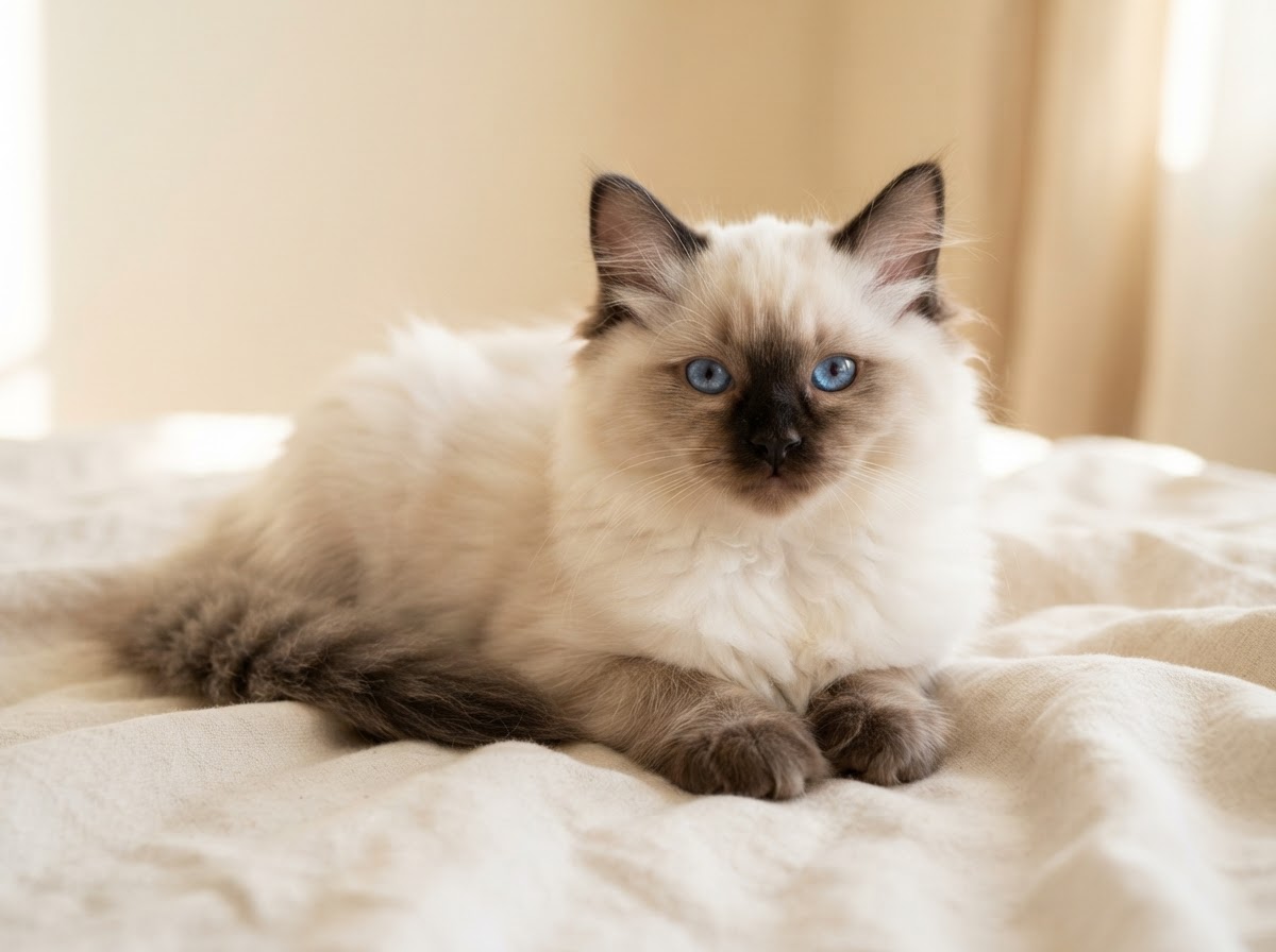 Seal point Ragdoll kitten with blue eyes and semi-long fluffy coat in warm light