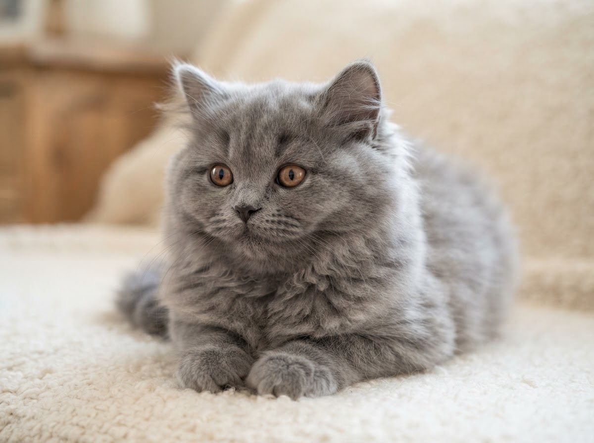 British Longhair kitten with long plush blue-gray coat and copper eyes in warm light