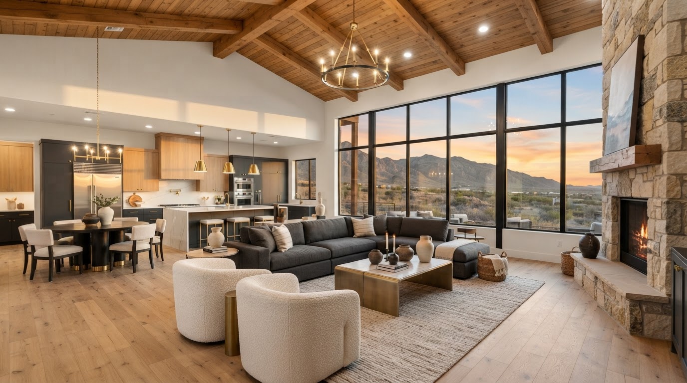 Interior of a custom Iglesias Custom Home with vaulted ceilings and mountain views