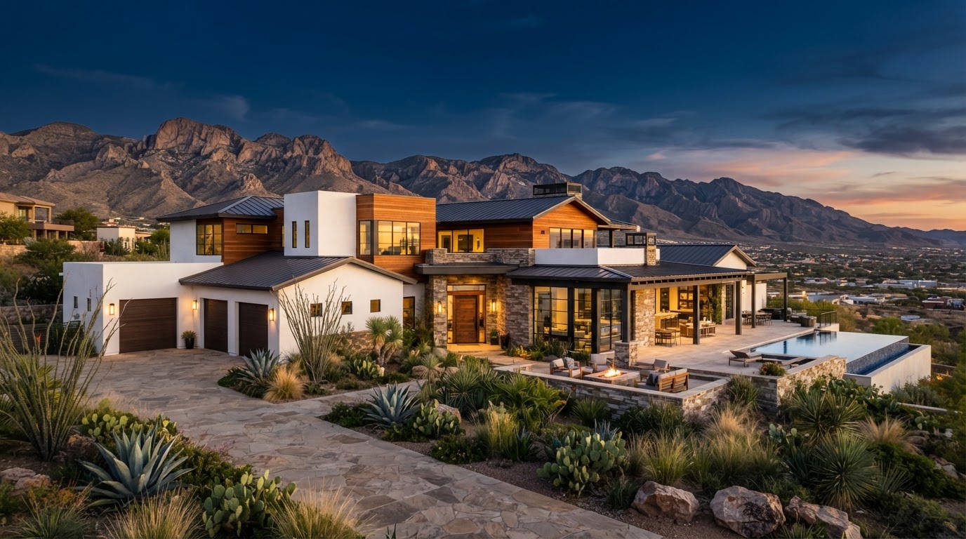 A custom luxury home built by Iglesias Custom Homes in El Paso, Texas at golden hour