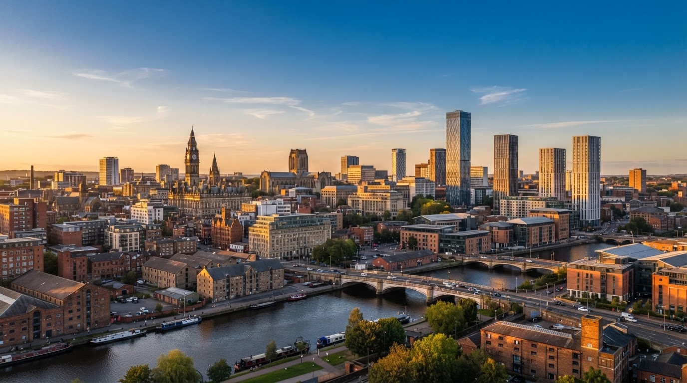 Leeds city skyline at golden hour