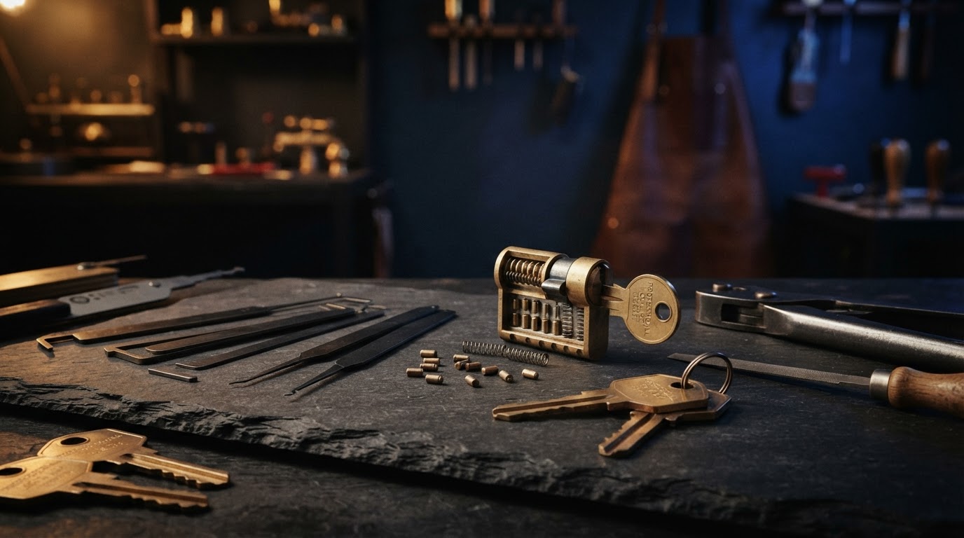 Locksmith tools and lock mechanisms on a workbench