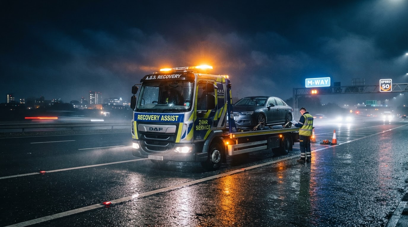 National365 Transport recovery truck on a wet motorway at night