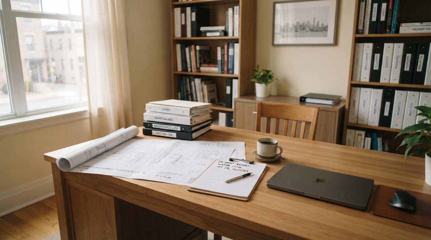 Despacho profesional de administración de fincas con planos y fichas de trabajo sobre la mesa